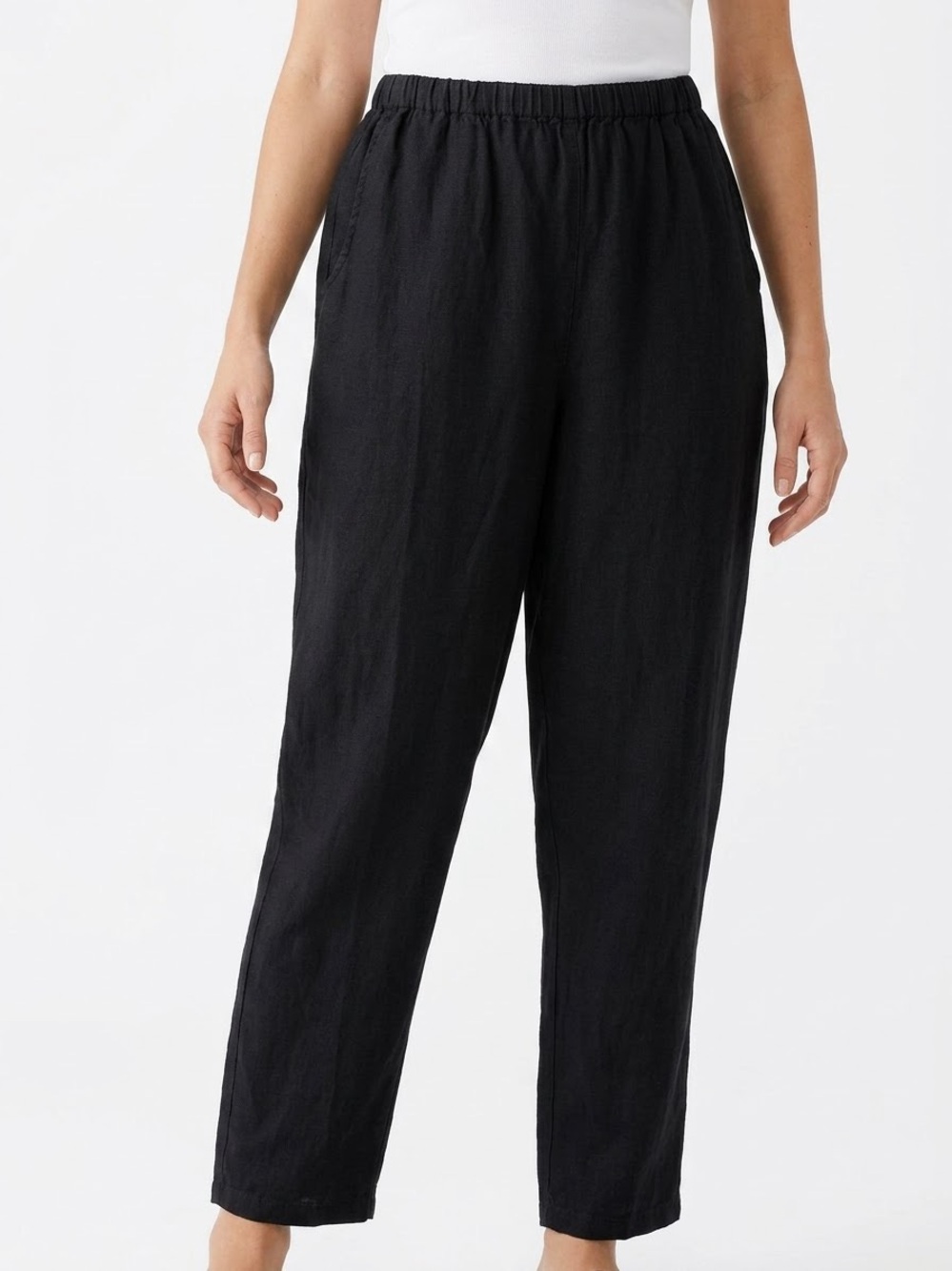 FLAX 100% Linen Elastic Waist Pants Black Size Large Lagenlook